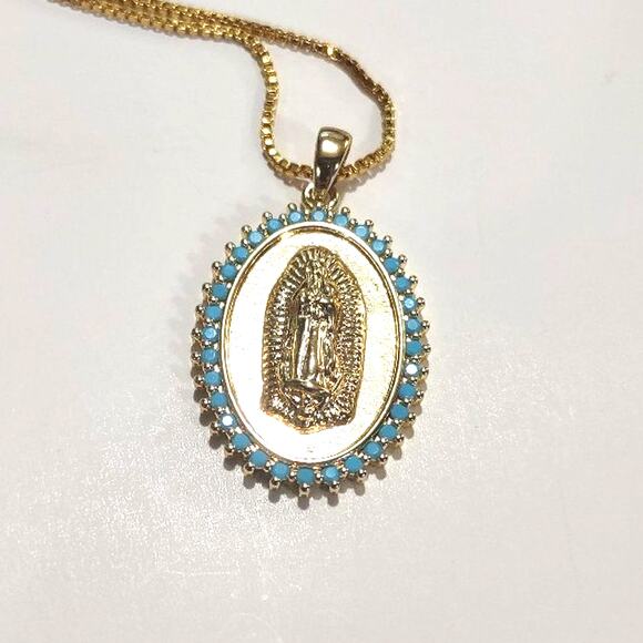 18k Gold Plated Necklace Virgin Mother Mary Cross turquoise Christian Gift NEW - Picture 5 of 7